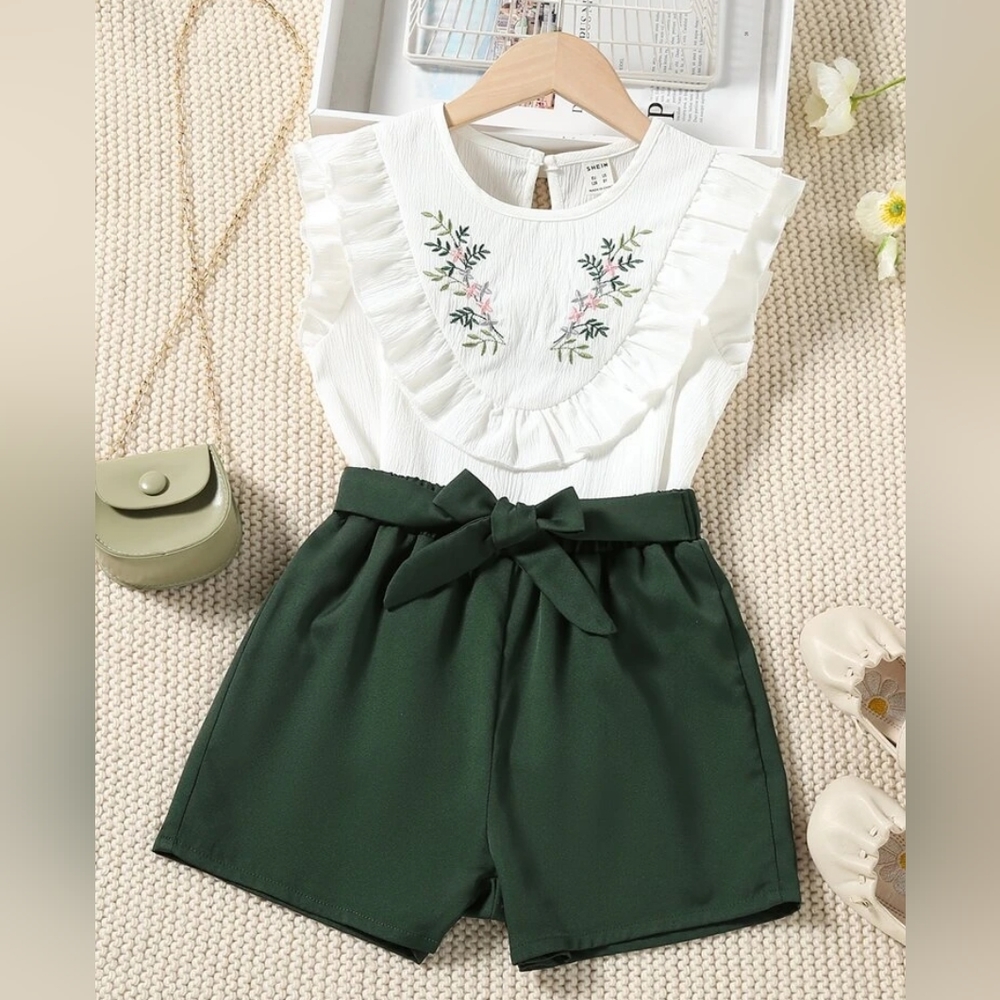 Girls Plant Embroidery Ruffle Trim Top & Knot Front Shorts